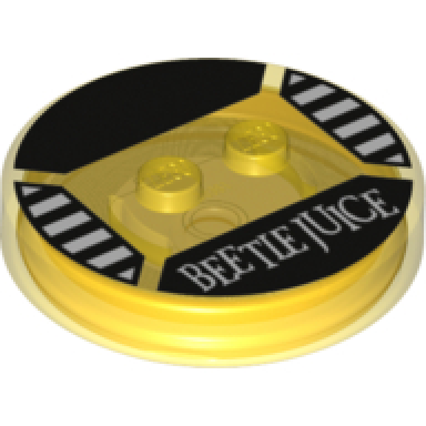 trans-yellow dimensions toy tag 4 x 4 x 2 3 with 2 studs and trans-orange bottom with white beetlejuice and stripes on black background pattern beetlejuice