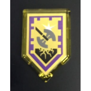 trans-yellow tile modified 2 x 3 pentagonal with nexo power shield pattern - shining axe