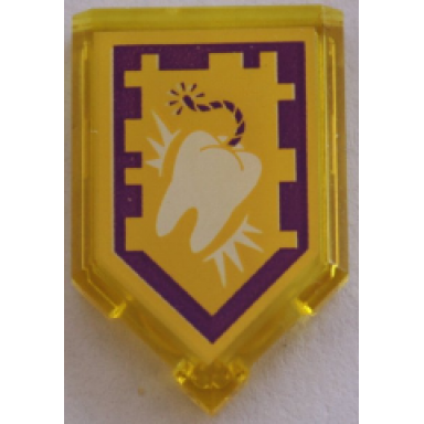 trans-yellow tile modified 2 x 3 pentagonal with nexo power shield pattern - tooth buster