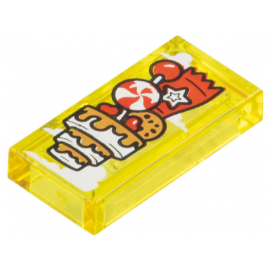 trans-yellow tile 1 x 2 with clouds and red white and medium nougat floating candy castle with cake lollipop cookie and star pattern