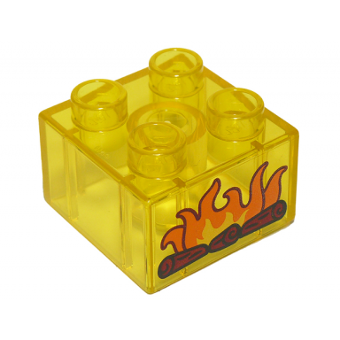 trans-yellow duplo brick 2 x 2 with burning logs pattern