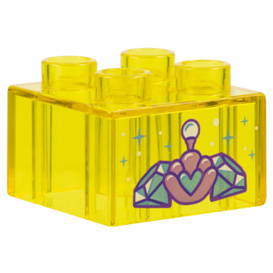 trans-yellow duplo brick 2 x 2 with metallic light blue diamonds heart and sparkles and metallic pink shell with pearl pattern
