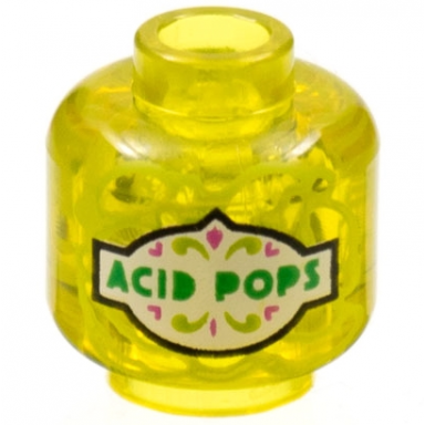 trans-yellow minifigure head without face with green acid pops on white label pattern