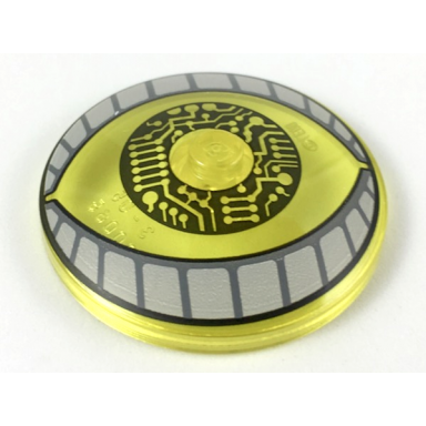 trans-yellow dish 4 x 4 inverted radar with solid stud with brother eye white eyelids with dark bluish gray stripes black circuitry iris pattern