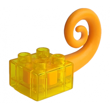 trans-yellow duplo brick 2 x 2 with rubber tail curled