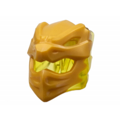 trans-yellow minifigure headgear helmet with flames on back with molded pearl gold dragon face pattern
