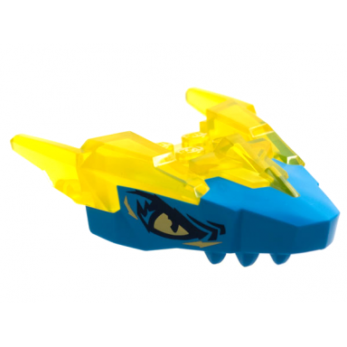 trans-yellow dragon head ninjago jaw upper with horns with molded dark azure face and printed bright light yellow eyes and dark blue highlights pattern