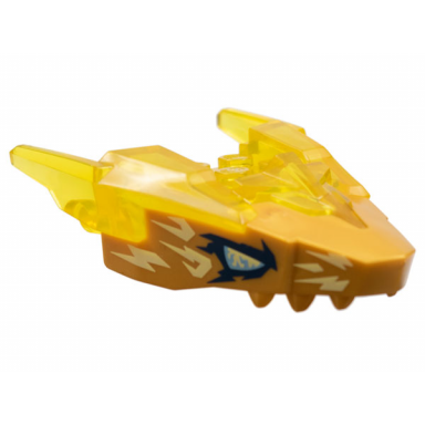 trans-yellow dragon head ninjago jaw upper with horns with molded pearl gold face and printed metallic light blue eyes and bright light yellow electricity pattern