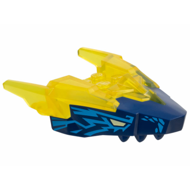 trans-yellow dragon head ninjago jaw upper with horns with molded dark blue face and printed tan eyes and dark azure electricity pattern