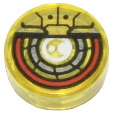 trans-yellow tile round 1 x 1 with white silver red and gold robotic eye red outside circle pattern