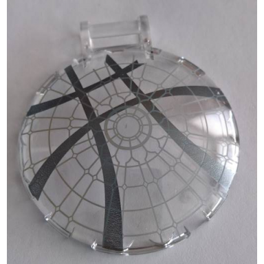 trans-clear dish 6 x 6 inverted with bar handle with sanctum sanctorum window with seal of the vishanti dark bluish gray circle with curved stripes pattern