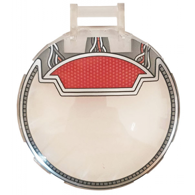 trans-clear dish 6 x 6 inverted with bar handle with wires and red panel pattern