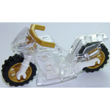 trans-clear motorcycle sport bike with white frame pearl gold wheels and angular handlebars