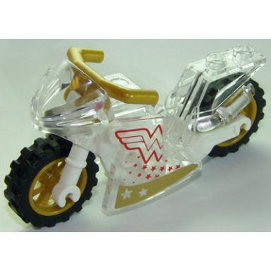 trans-clear motorcycle sport bike with white frame pearl gold wheels and angular handlebars with wonder woman pattern on both sides stickers - set 41235