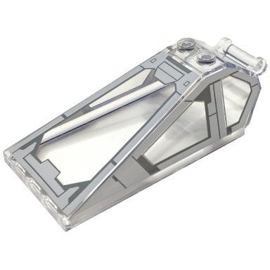trans-clear windscreen 8 x 4 x 2 with 2 studs and bar handle with light bluish gray cockpit window frames and dark bluish gray panels and lines pattern