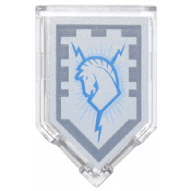 trans-clear tile modified 2 x 3 pentagonal with nexo power shield pattern - thunder blaze