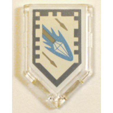 trans-clear tile modified 2 x 3 pentagonal with nexo power shield pattern - diamond spear