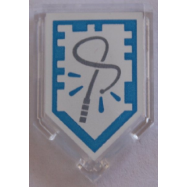 trans-clear tile modified 2 x 3 pentagonal with nexo power shield pattern - silver whip
