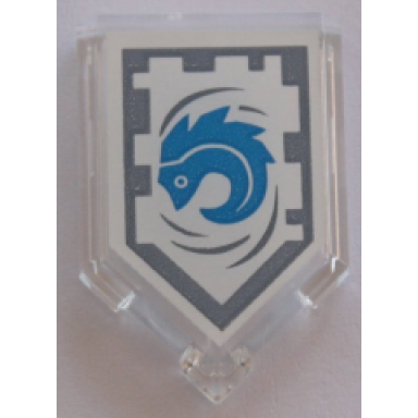 trans-clear tile modified 2 x 3 pentagonal with nexo power shield pattern - rolling hedgehog