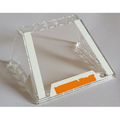 trans-clear windscreen 6 x 8 x 3 with 6 studs on top with white stripes on edges and worn orange and white stripe on front bottom pattern stickers - set 75144