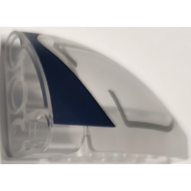 trans-clear technic panel curved 5 x 3 x 2 corner quarter ellipse left with dark blue edge and silver lines pattern