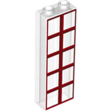 trans-clear brick 1 x 2 x 5 with red and dark red window pane pattern
