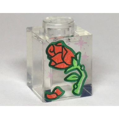trans-clear brick 1 x 1 with red rose and petal green stem and metallic pink stars pattern