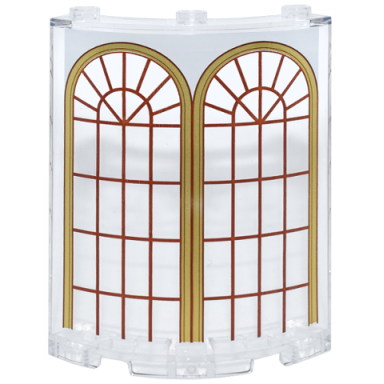 trans-clear cylinder quarter 4 x 4 x 6 with 2 arched windows with gold frame reddish brown lattice and white panel pattern