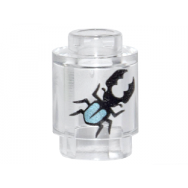 trans-clear brick round 1 x 1 with black and metallic light blue stag beetle pattern