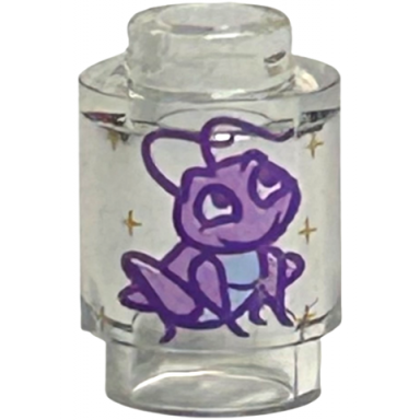 trans-clear brick round 1 x 1 with medium lavender and dark purple cricket and gold sparkles pattern mulan cri-kee