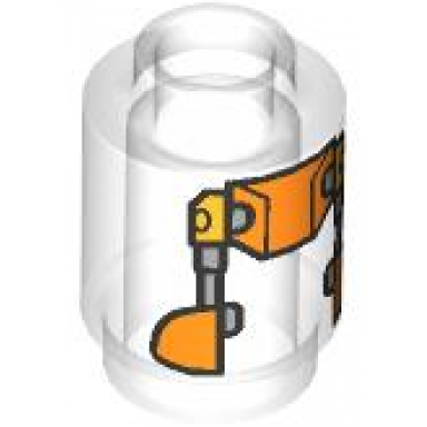 trans-clear brick round 1 x 1 with sw rj-83 droid body orange bright light orange and silver pattern