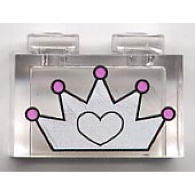 trans-clear brick 1 x 2 without bottom tube with white crown with heart and dark pink ends pattern
