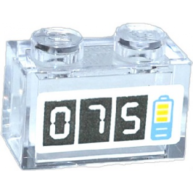 trans-clear brick 1 x 2 without bottom tube with 075 and battery charge pattern sticker - set 41091