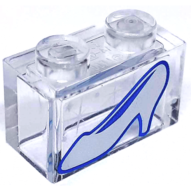 trans-clear brick 1 x 2 without bottom tube with silver shoe with heel sparkles and dots pattern cinderella glass slipper