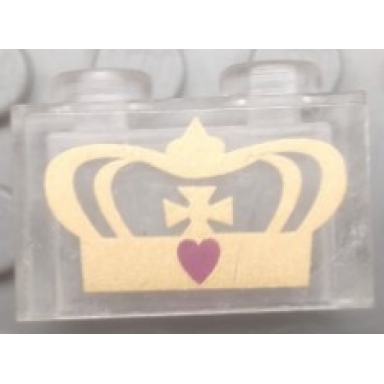 trans-clear brick 1 x 2 without bottom tube with gold crown and dark pink heart pattern sticker - set 7578