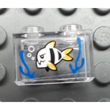 trans-clear brick 1 x 2 without bottom tube with fish and blue seagrass pattern sticker - set 60174