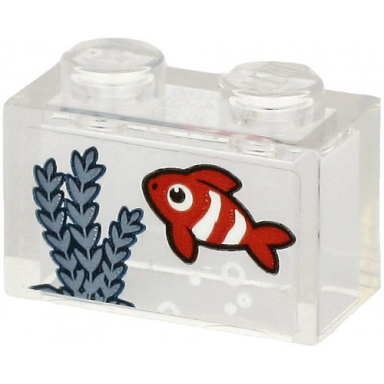 trans-clear brick 1 x 2 without bottom tube with red fish with white stripes and sand blue seagrass on transparent background pattern sticker - set 60265