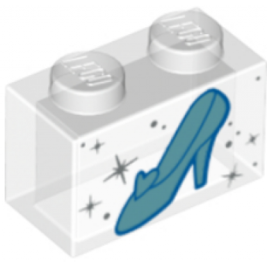 trans-clear brick 1 x 2 without bottom tube with metallic light blue shoe with heel and heart silver sparkles and dots pattern cinderella glass slipper