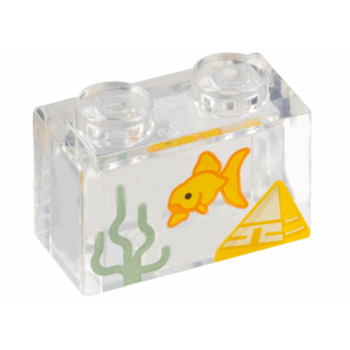 trans-clear brick 1 x 2 without bottom tube with fish tank with goldfish sand green seaweed and yellow pyramid pattern