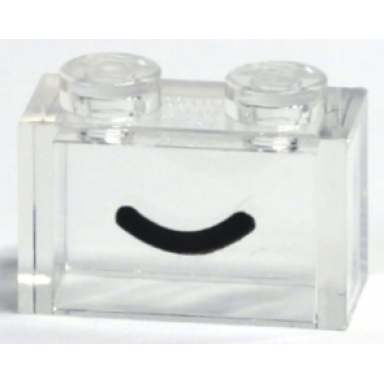trans-clear brick 1 x 2 without bottom tube with black smile curved line pattern