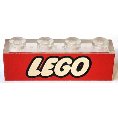trans-clear brick 1 x 4 without bottom tubes with white lego logo on red pattern