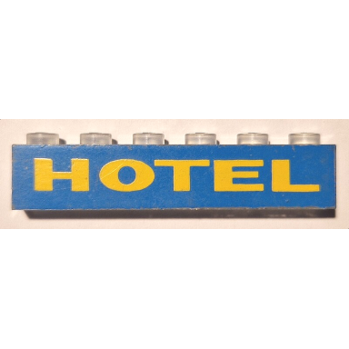 trans-clear brick 1 x 6 without bottom tubes with yellow on blue hotel pattern