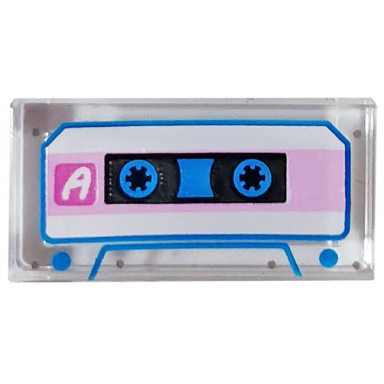 trans-clear tile 1 x 2 with audio cassette with white letter a bright pink stripe and blue trim pattern