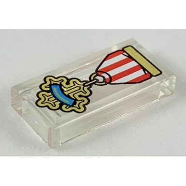 trans-clear tile 1 x 2 with red and white ribbon gold cross medal with dark azure stripe pattern