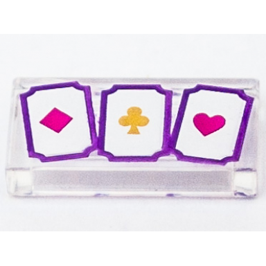 trans-clear tile 1 x 2 with 3 playing cards with diamond club and heart pattern