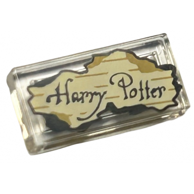 trans-clear tile 1 x 2 with dark brown harry potter on tan parchment paper with dark tan lines and burnt border pattern