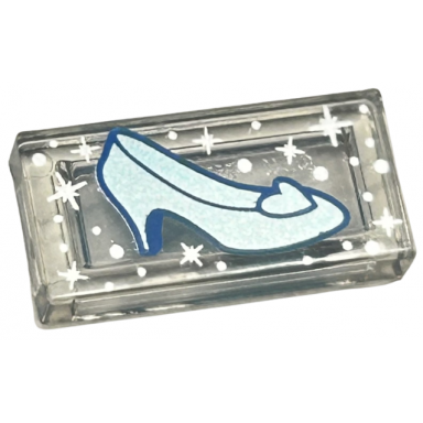 trans-clear tile 1 x 2 with metallic light blue shoe with heel and heart silver sparkles and dots pattern cinderella glass slipper