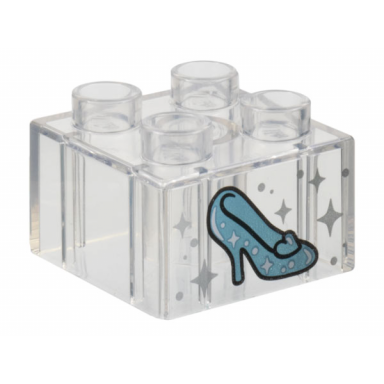 trans-clear duplo brick 2 x 2 with metallic light blue shoe with heel and heart silver sparkles and dots pattern cinderella glass slipper