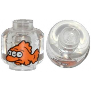 trans-clear minifigure head without face with orange fish with 3 white eyes pattern the simpsons blinky