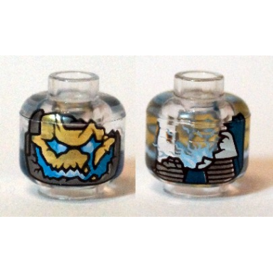 trans-clear minifigure head alien gold pearl dark gray and dark azure face damage on back pattern ultron mk1